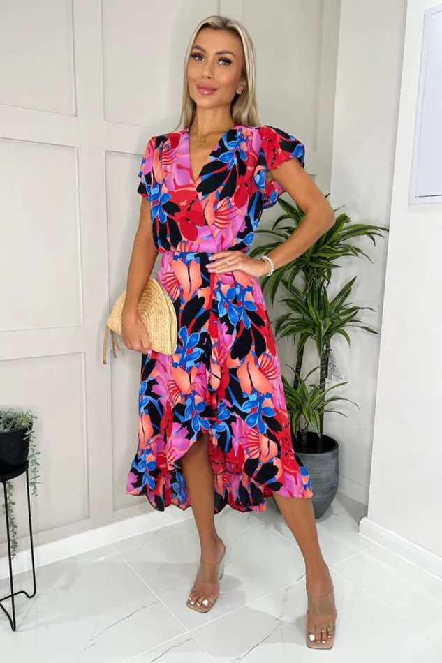 AX Paris Multi Floral Printed Wrap Over Top Frill Hem Midi Dress Dresses