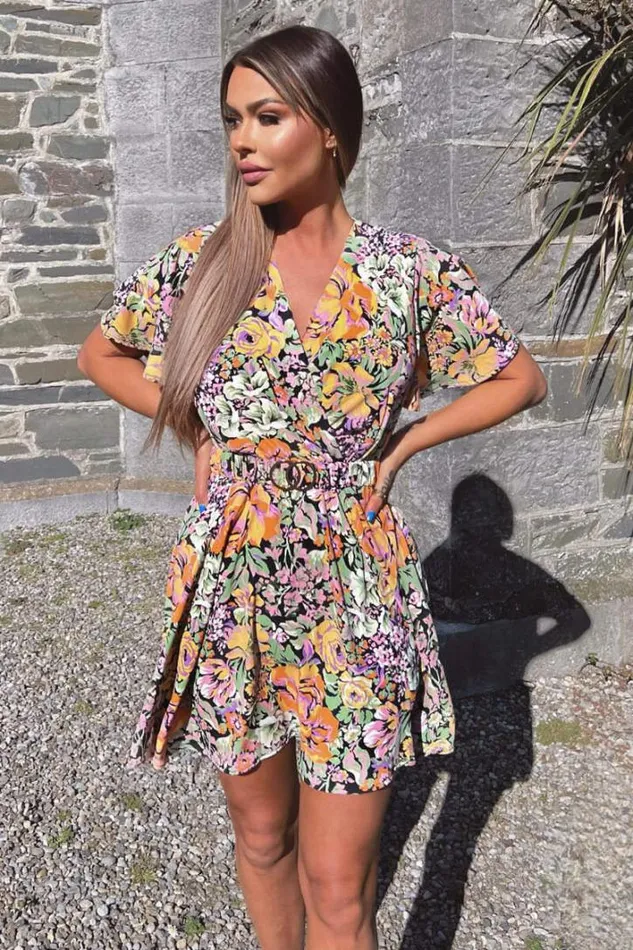 AX Paris Multi Floral Wrap Top Belted Skater Dress Dresses