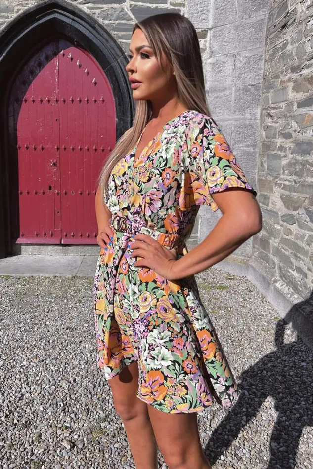 AX Paris Multi Floral Wrap Top Belted Skater Dress Dresses