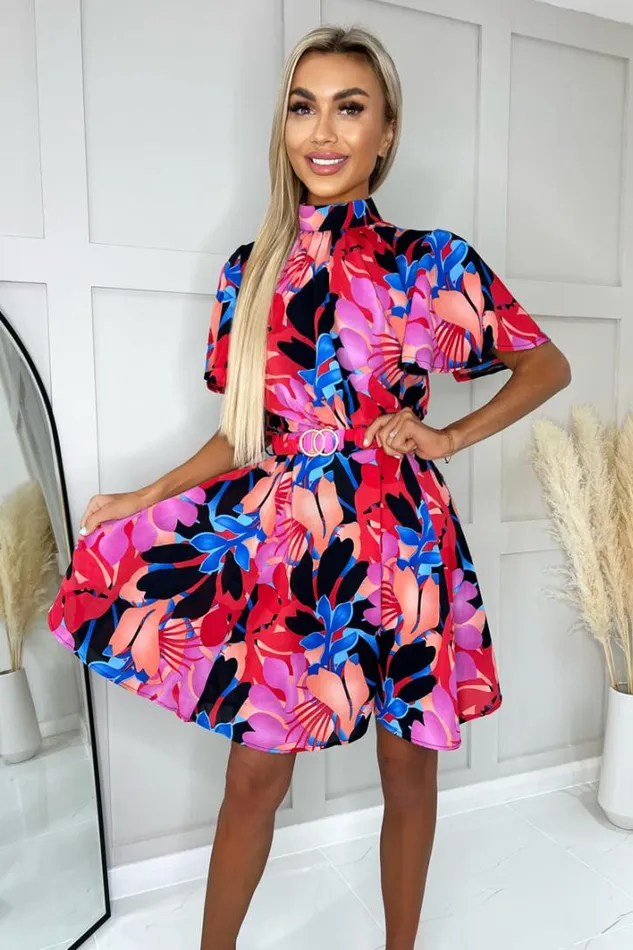 AX Paris Multi Leaf Print Short Sleeve High Neck Belted Skater Dress Dresses