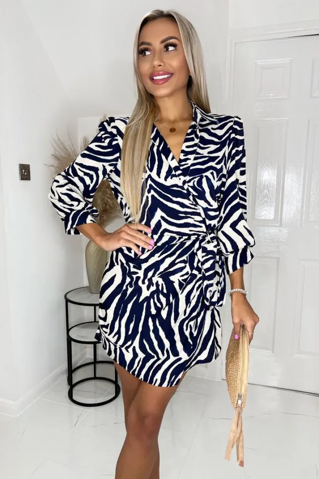 AX Paris Navy And Cream Zebra Printed 34 Sleeve Mini Wrap Dress Dresses