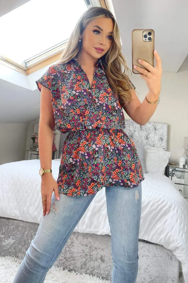AX Paris Navy And Orange Floral Print Wrap Top Tops