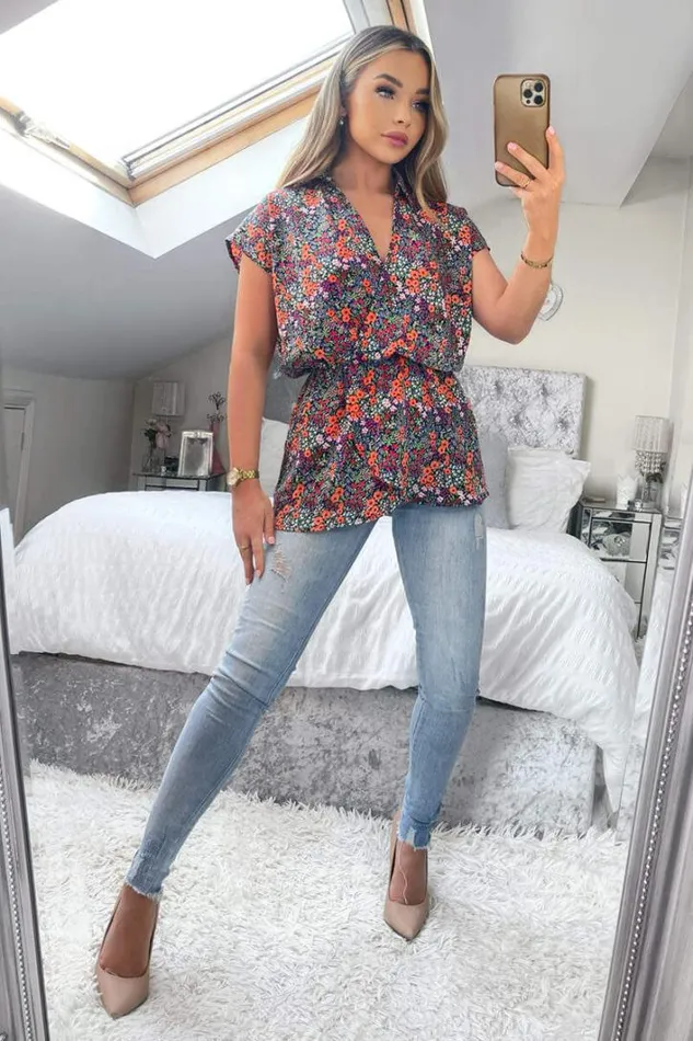 AX Paris Navy And Orange Floral Print Wrap Top Tops