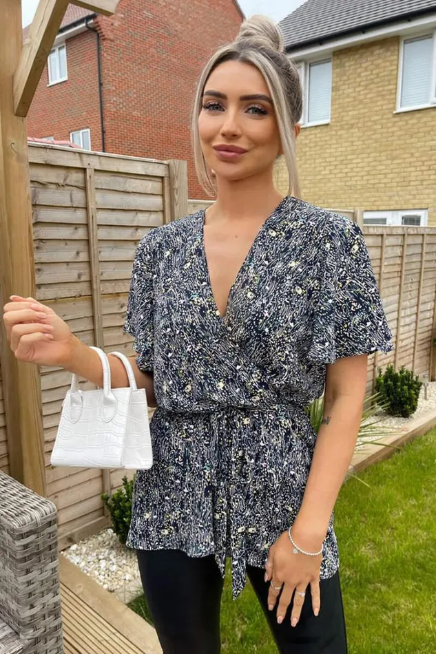 AX Paris Navy Ditsy Print Wrap Short Sleeve Belted Top Tops