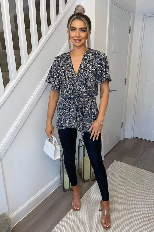 AX Paris Navy Ditsy Print Wrap Short Sleeve Belted Top Tops