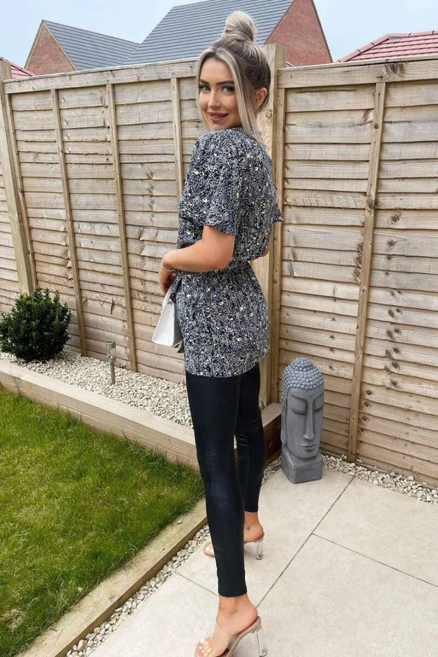 AX Paris Navy Ditsy Print Wrap Short Sleeve Belted Top Tops