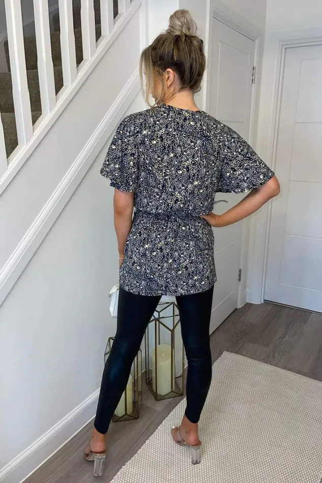 AX Paris Navy Ditsy Print Wrap Short Sleeve Belted Top Tops