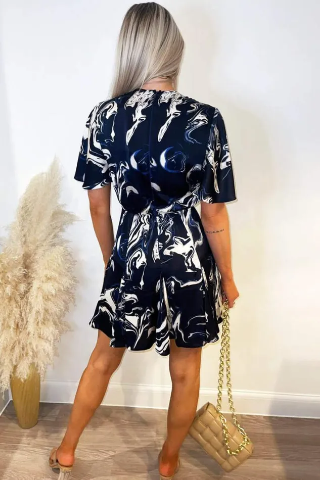 AX Paris Navy Marble Print Wrap Over Pleated Dress Dresses