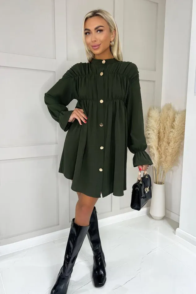 AX Paris Olive Long Sleeve Gathered Detail Button Front Dress Dresses