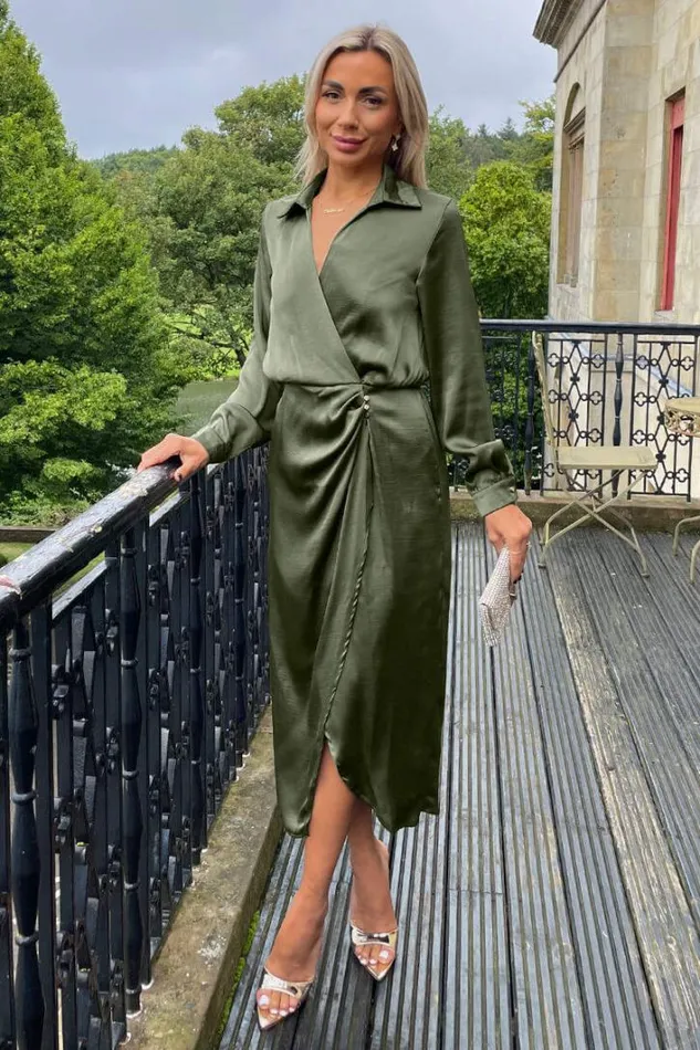 AX Paris Olive Wrap Satin Shirt Midi Dress Wedding Guest Dresses