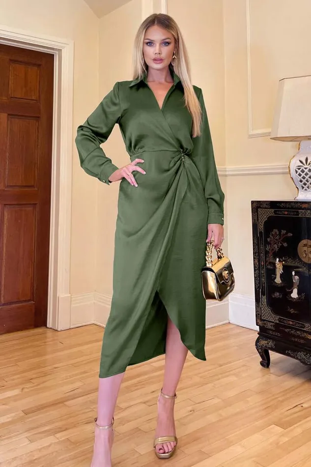 AX Paris Olive Wrap Satin Shirt Midi Dress Wedding Guest Dresses