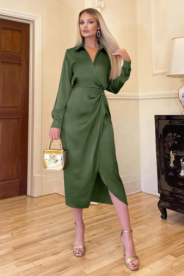 AX Paris Olive Wrap Satin Shirt Midi Dress Wedding Guest Dresses