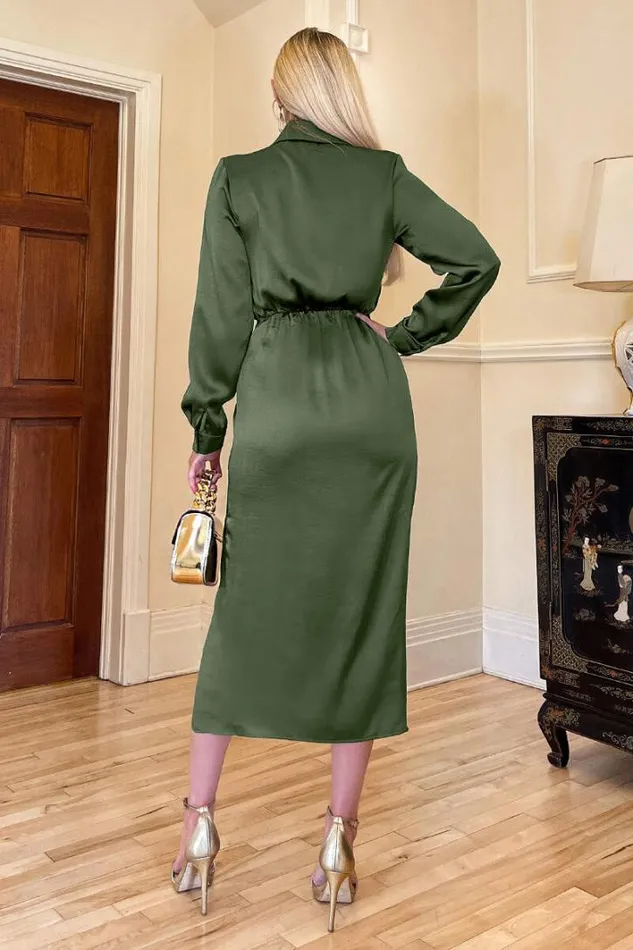 AX Paris Olive Wrap Satin Shirt Midi Dress Wedding Guest Dresses