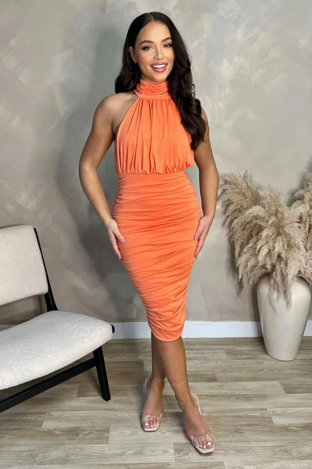 AX Paris Peach Ruched High Neck Midi Dress Dresses