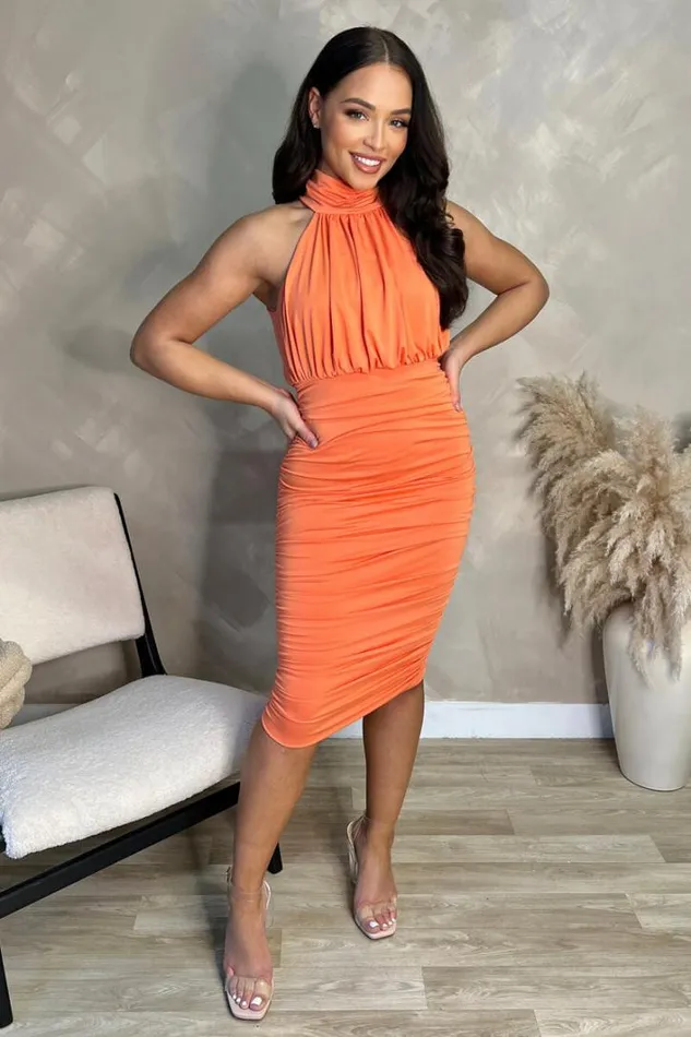 AX Paris Peach Ruched High Neck Midi Dress Dresses