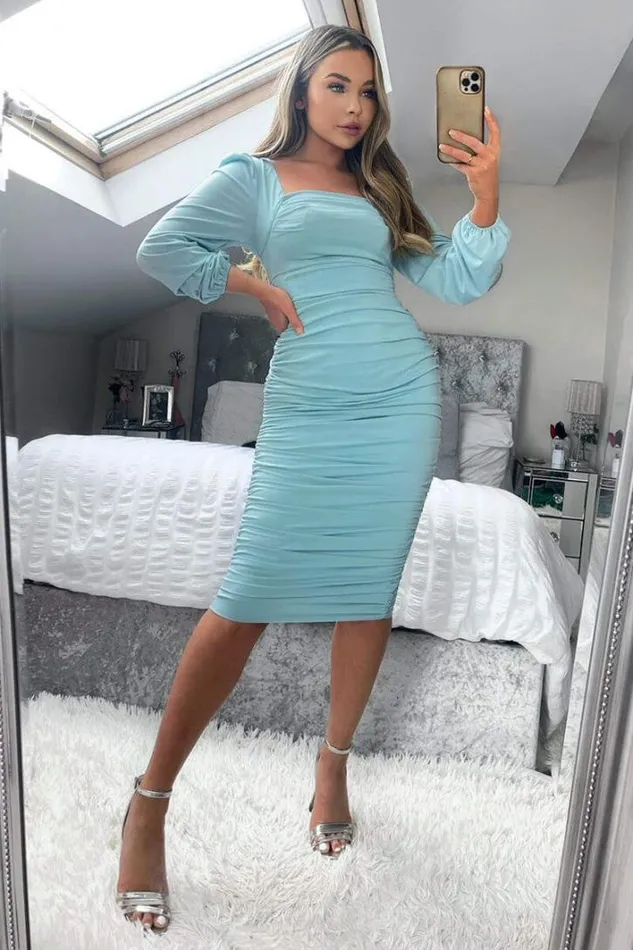 AX Paris Powder Blue Square Neck Ruched Long Sleeve Midi Dress Dresses