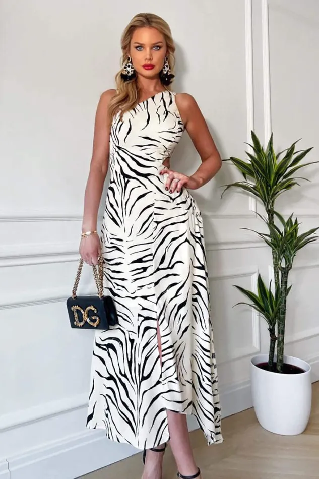 AX Paris Stone And Black Animal Print Asymmetric Cut Out Midi Dress Dresses