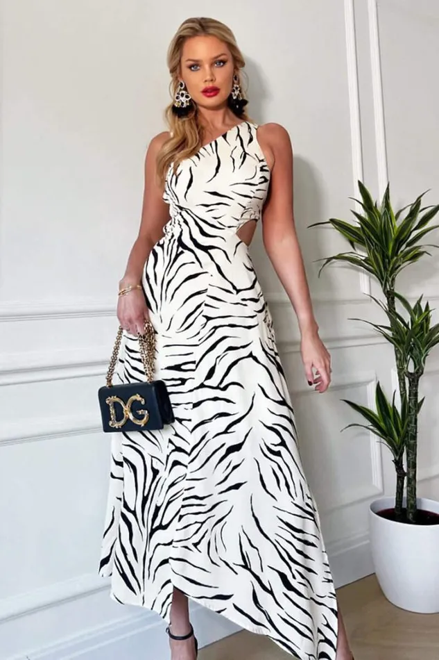 AX Paris Stone And Black Animal Print Asymmetric Cut Out Midi Dress Dresses