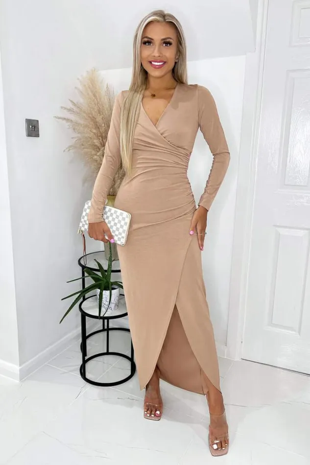 AX Paris Stone Long Sleeve Wrap Over Maxi Dress Dresses