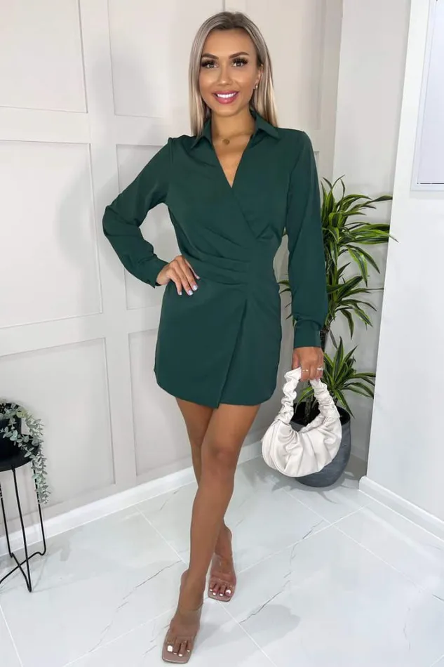 AX Paris Teal Pleated Gathered Long Sleeve Mini Dress Dresses