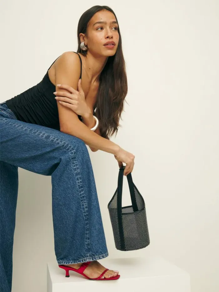 Bags The Reformation Small Mesh Silvana Bucket Bag Black Sparkle Mesh