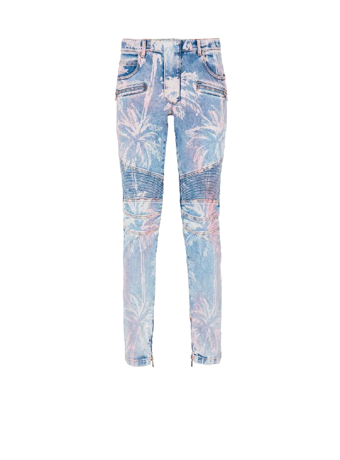 Balmain Denim Men Denim Biker Jeans With A Palm Tree Print Blue