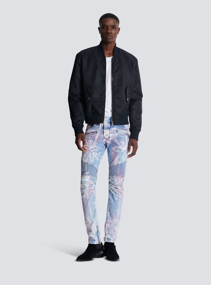 Balmain Denim Men Denim Biker Jeans With A Palm Tree Print Blue