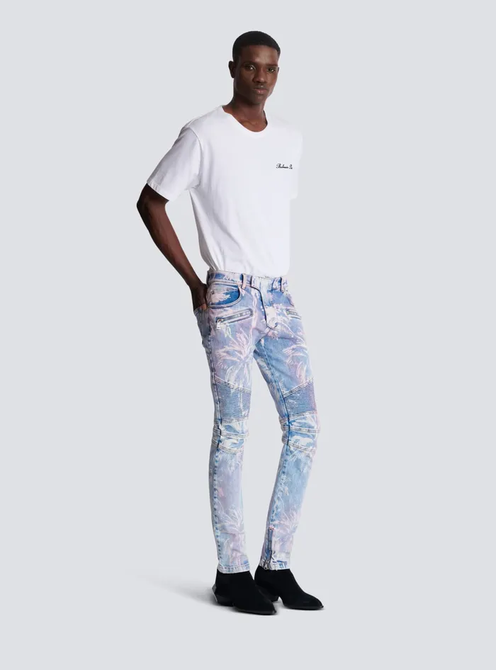 Balmain Denim Men Denim Biker Jeans With A Palm Tree Print Blue