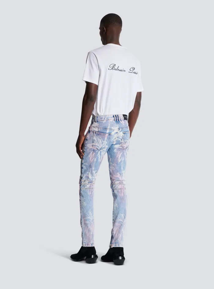 Balmain Denim Men Denim Biker Jeans With A Palm Tree Print Blue