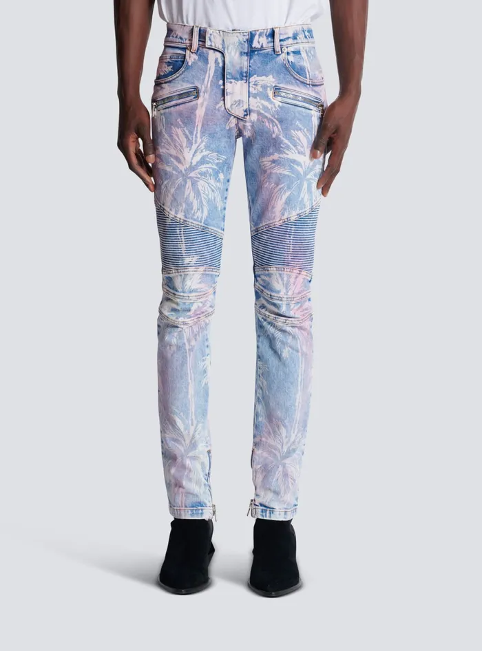 Balmain Denim Men Denim Biker Jeans With A Palm Tree Print Blue