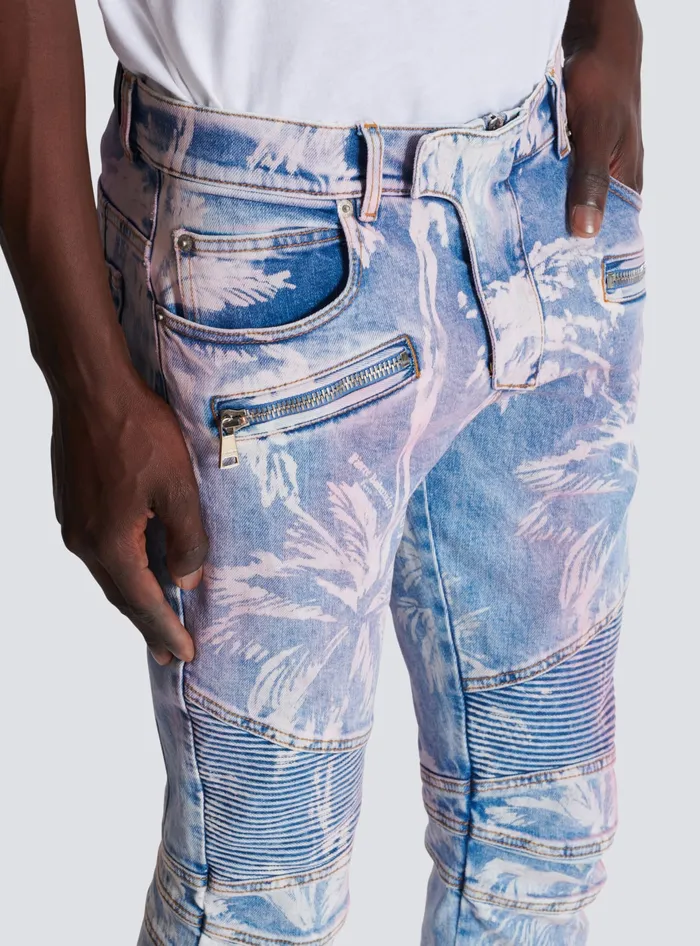 Balmain Denim Men Denim Biker Jeans With A Palm Tree Print Blue
