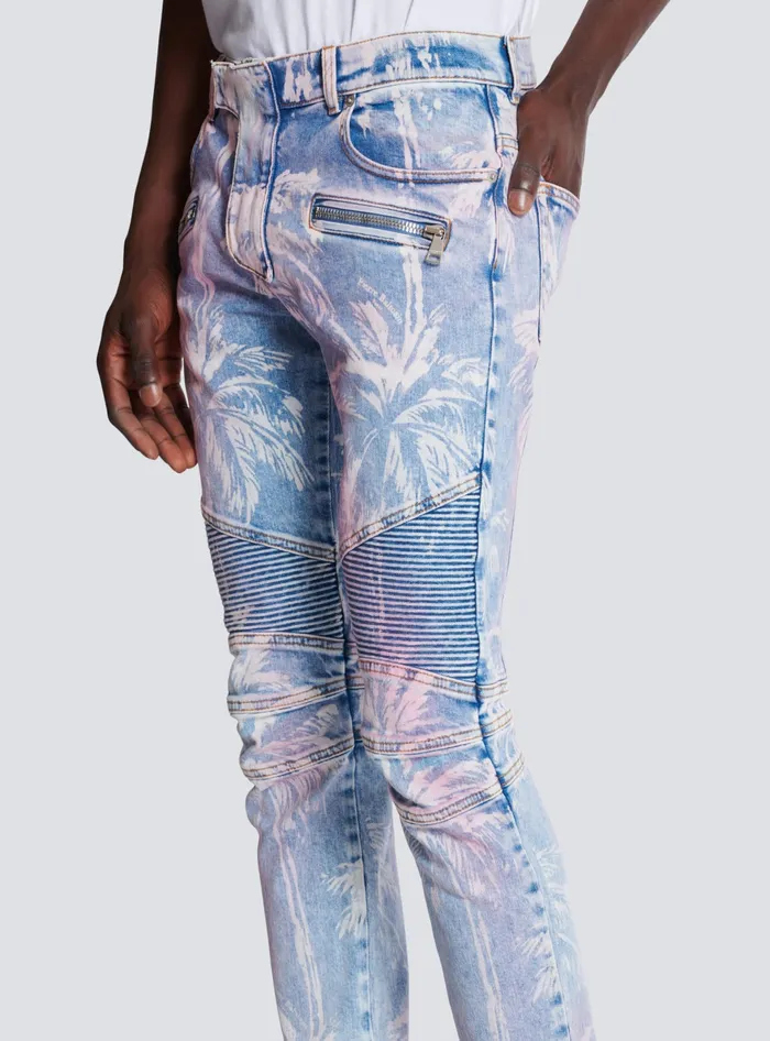 Balmain Denim Men Denim Biker Jeans With A Palm Tree Print Blue