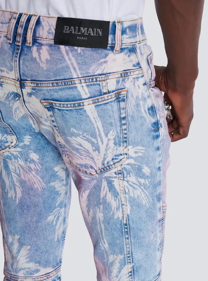 Balmain Denim Men Denim Biker Jeans With A Palm Tree Print Blue