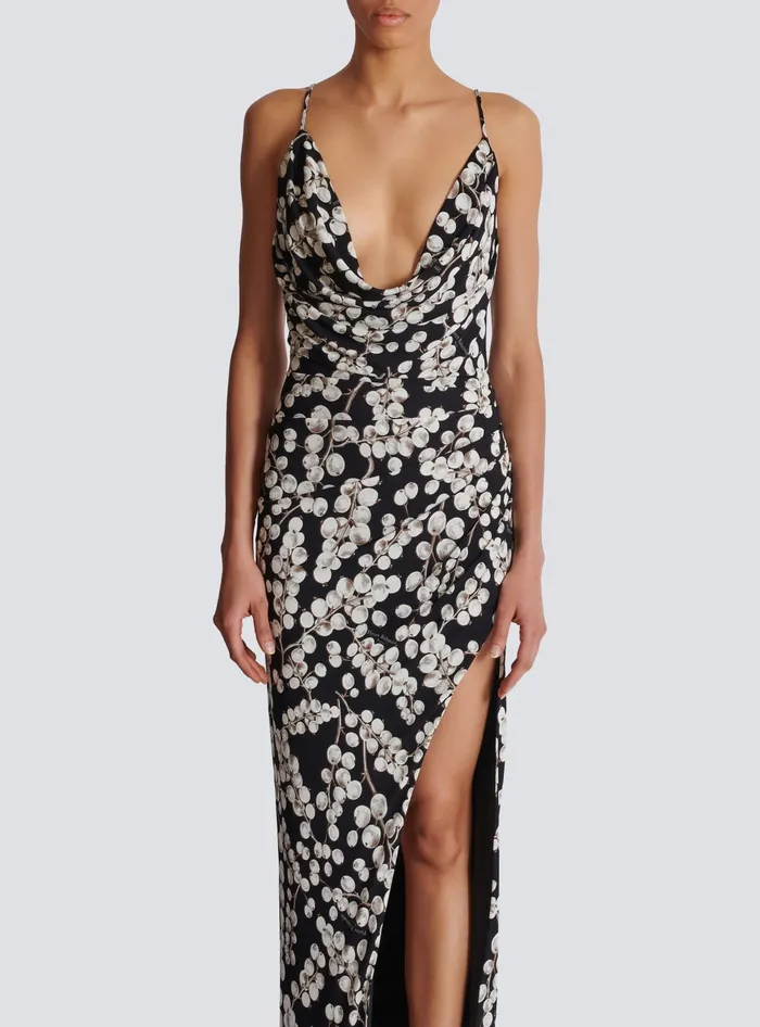 Balmain Dresses Women Long Dress With Redcurrant Print Black