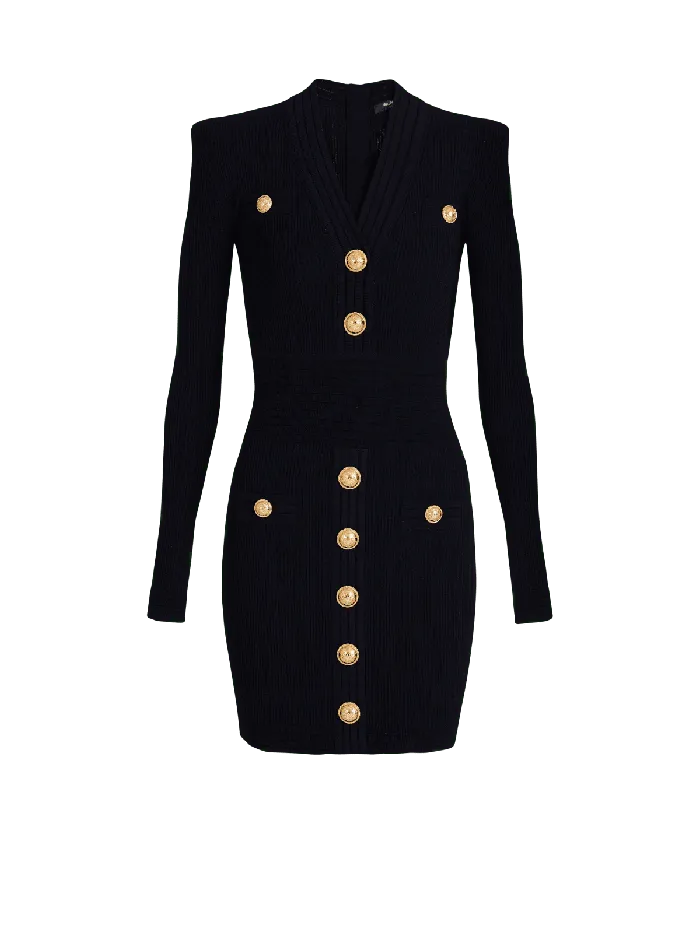 Balmain Dresses Women Short Knitted Dress With Gold Buttons Black