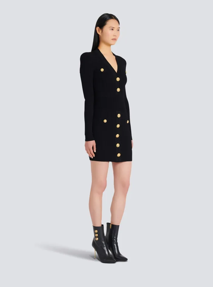Balmain Dresses Women Short Knitted Dress With Gold Buttons Black