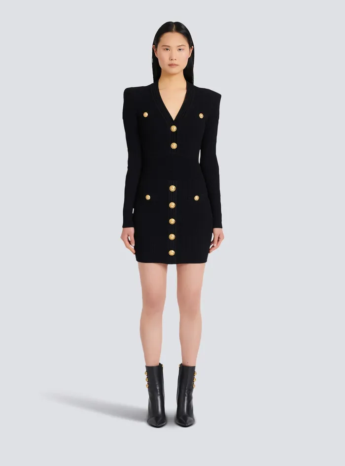 Balmain Dresses Women Short Knitted Dress With Gold Buttons Black