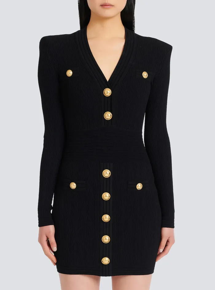 Balmain Dresses Women Short Knitted Dress With Gold Buttons Black