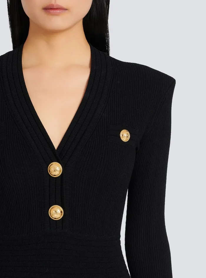 Balmain Dresses Women Short Knitted Dress With Gold Buttons Black
