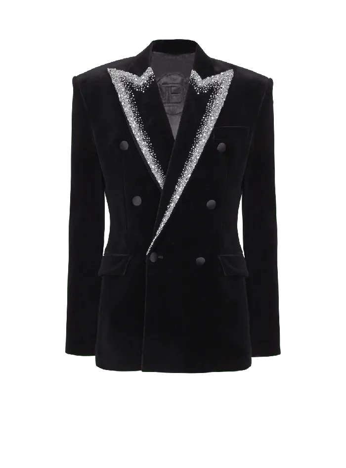 Balmain Jackets And Blazers Men Velvet Jacket With Embroidered Collar Black