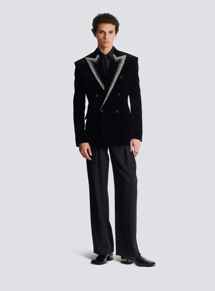 Balmain Jackets And Blazers Men Velvet Jacket With Embroidered Collar Black