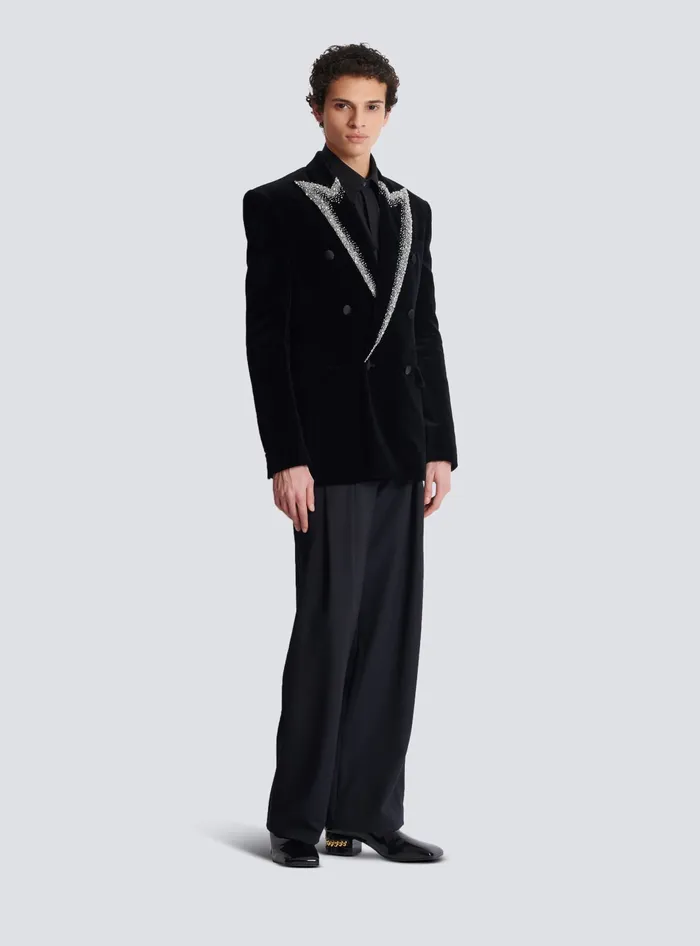 Balmain Jackets And Blazers Men Velvet Jacket With Embroidered Collar Black