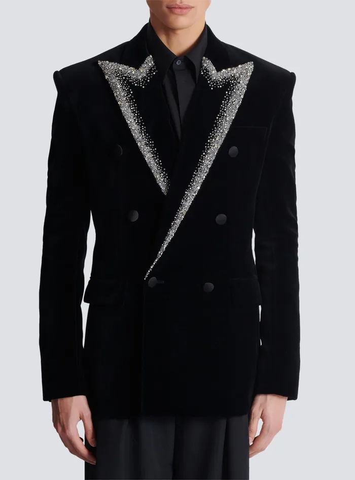 Balmain Jackets And Blazers Men Velvet Jacket With Embroidered Collar Black