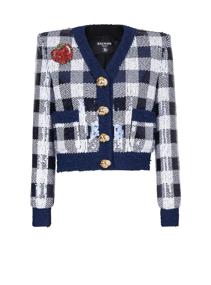 Balmain Jackets And Blazers Women Cropped Jacket In Gingham Sequins Navy