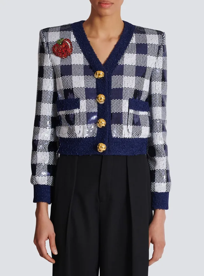 Balmain Jackets And Blazers Women Cropped Jacket In Gingham Sequins Navy