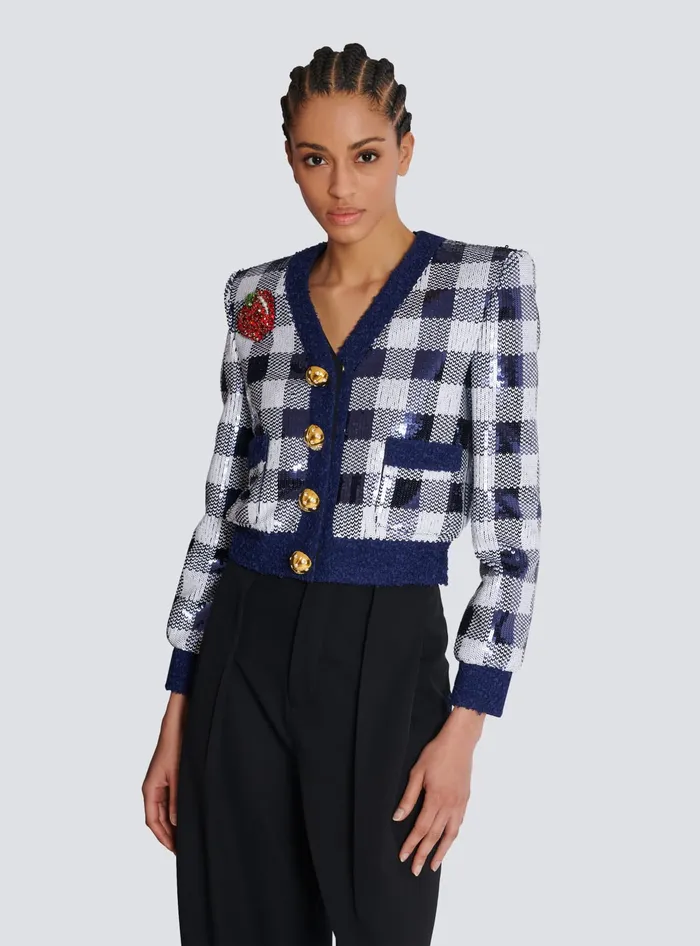 Balmain Jackets And Blazers Women Cropped Jacket In Gingham Sequins Navy