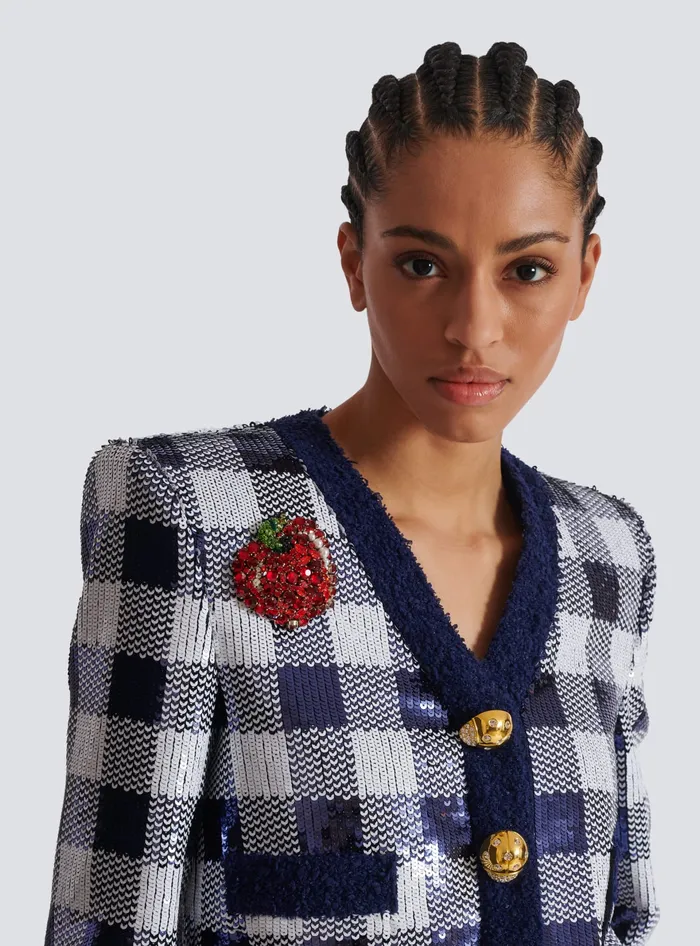 Balmain Jackets And Blazers Women Cropped Jacket In Gingham Sequins Navy