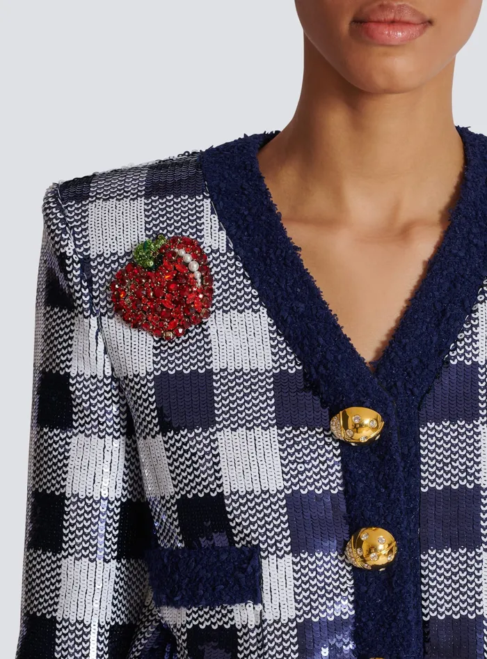 Balmain Jackets And Blazers Women Cropped Jacket In Gingham Sequins Navy
