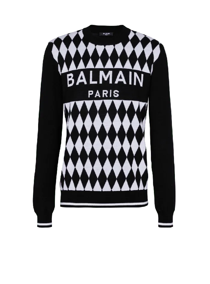 Balmain Knitwear Men Diamond Paris Twotone Jacquard Jumper Black