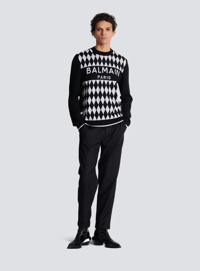 Balmain Knitwear Men Diamond Paris Twotone Jacquard Jumper Black
